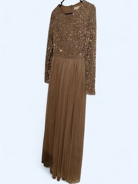 Sequin Bodice Long Prom Dress in Bronze